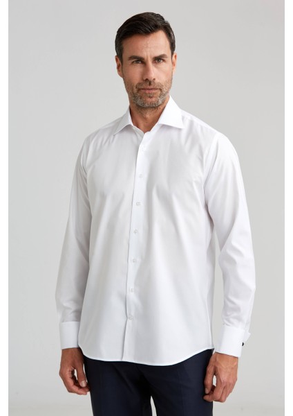 Regular Fit Beyaz Klasik Erkek Gömlek GMKLS1KD224005_D01