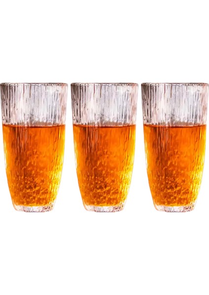 Buzlu Çizgili Tasarım Cam Su,Meşrubat,Latte,Kahve,Smoothie Bardağı 3 Adet-350 ML-4360