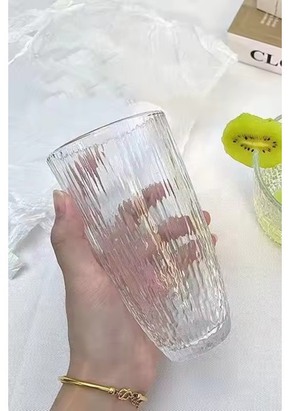 Buzlu Çizgili Tasarım Cam Su,Meşrubat,Latte,Kahve,Smoothie Bardağı 3 Adet-350 ML-4360
