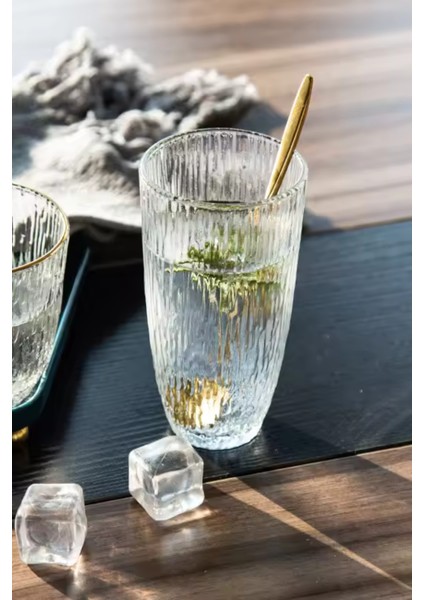 Buzlu Çizgili Tasarım Cam Su,Meşrubat,Latte,Kahve,Smoothie Bardağı 3 Adet-350 ML-4360
