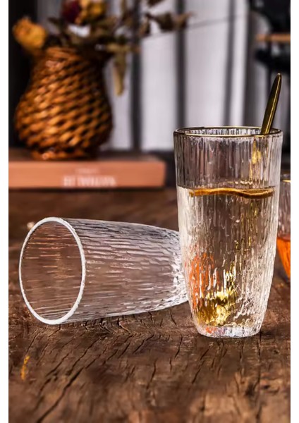 Buzlu Çizgili Tasarım Cam Su,Meşrubat,Latte,Kahve,Smoothie Bardağı 3 Adet-350 ML-4360
