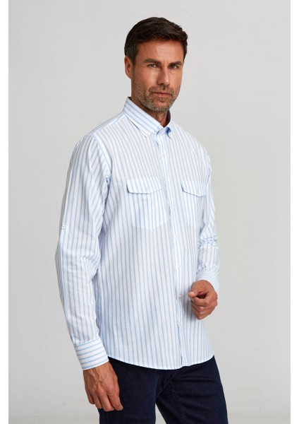 Regular Fit Paşa Yaka Kol İçi Apoletli Mavi Spor Erkek Gömlek GM23Y231124_C35 fiyatları