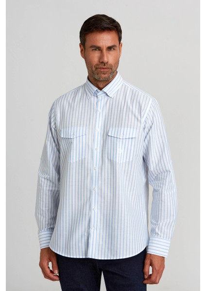 Regular Fit Paşa Yaka Kol İçi Apoletli Mavi Spor Erkek Gömlek GM23Y231124_C35 modelleri