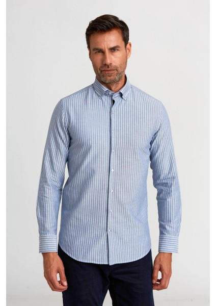 Modern Fit Paşa Yaka Düğmeli Çizgili Lacivert Erkek Gömlek GMCZG1622300205_D39