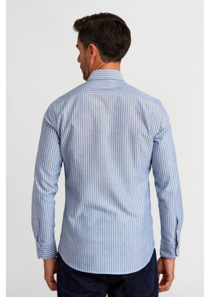 Modern Fit Paşa Yaka Düğmeli Çizgili Lacivert Erkek Gömlek GMCZG1622300205_D39 fiyatları