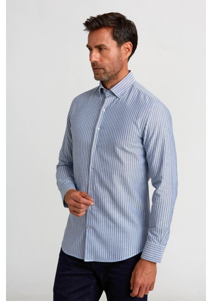 Modern Fit Paşa Yaka Düğmeli Çizgili Lacivert Erkek Gömlek GMCZG1622300205_D39 fırsatları