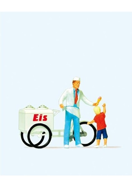 28126 1/87 Ölçek, Arabalı Dondurmacı ve Çocuk, Boyanmış Plastik Figürleri