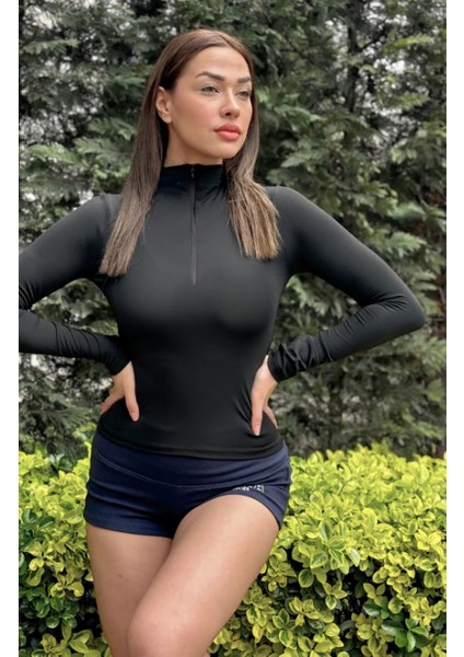 Siyah Fermuarlı Su Geçirmez Fitted Uzun Kollu Bluz Uzun Kollu Bluza T-Shirt