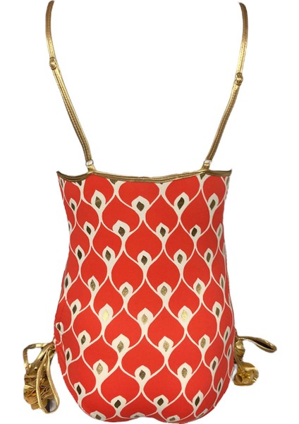 Askılı Ikat Desenli Gold Detaylı Bağcıklı Kırmızı 50uv Kız Çocuk Mayo