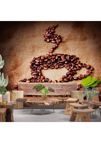 Kahve Çekirdekli Fincan Desenli Cafe Duvar Kağıdı Baskı