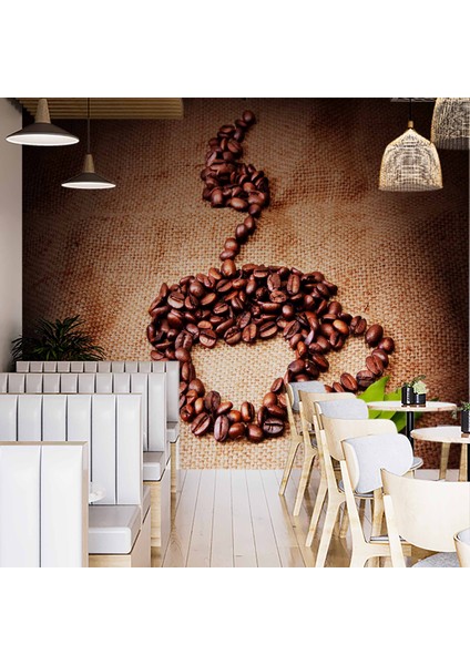 Kahve Çekirdekli Fincan Desenli Cafe Duvar Kağıdı Baskı