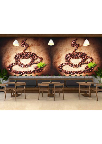 Kahve Çekirdekli Fincan Desenli Cafe Duvar Kağıdı Baskı