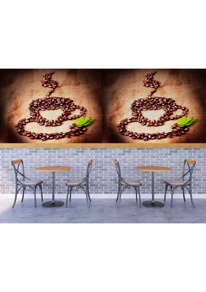 Kahve Çekirdekli Fincan Desenli Cafe Duvar Kağıdı Baskı