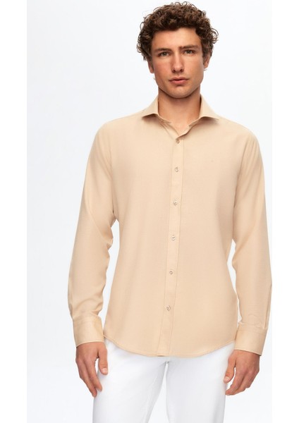 Slim Fit Bej İtalyan Yaka Gömlek 2HF02ORT5185