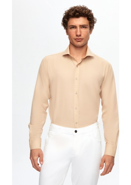 Slim Fit Bej İtalyan Yaka Gömlek 2HF02ORT5185 fırsatları