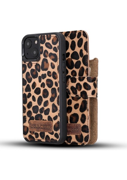 Apple iPhone 13 Uyumlu Deri Cüzdanlı Kılıf Leo-1 Leopar