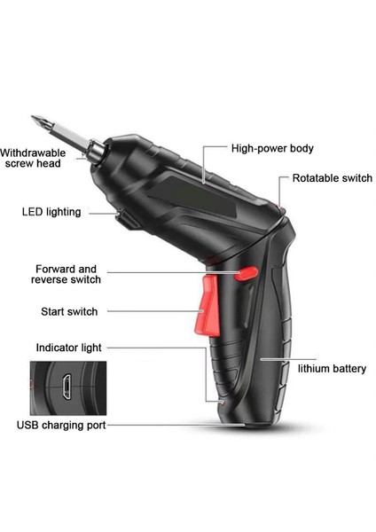 Hongliang Shop C Siyah Stil Siyah Elektrikli Tornavida 3.6V Taşınabilir USB Şarj Edilebilir Kablosuz Şarj Edilebilir El Dropship (Yurt Dışından)