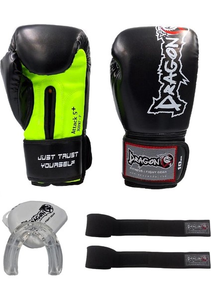 Attack 5 Plus Kick Boks Eldiveni Profesyonel Dişlik ve Boks Bandajı Boks Eldiveni Set