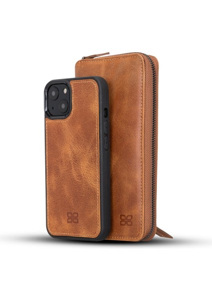 Apple iPhone 13 Mini Uyumlu Deri Zip Kılıf TN11 Taba