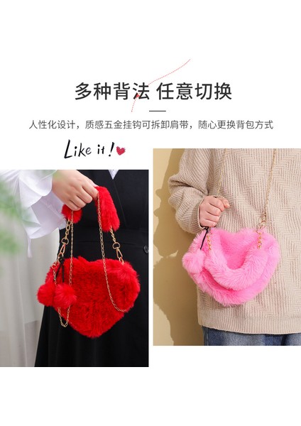 Sevimli Kalp Zincirli Crossbody Çanta, Şık ve Şık Tek Omuzlu Peluş Çanta, Kore Versiyonu Kızlar Için Büyük Kapasiteli Saklama Çantası (Yurt Dışından) modelleri