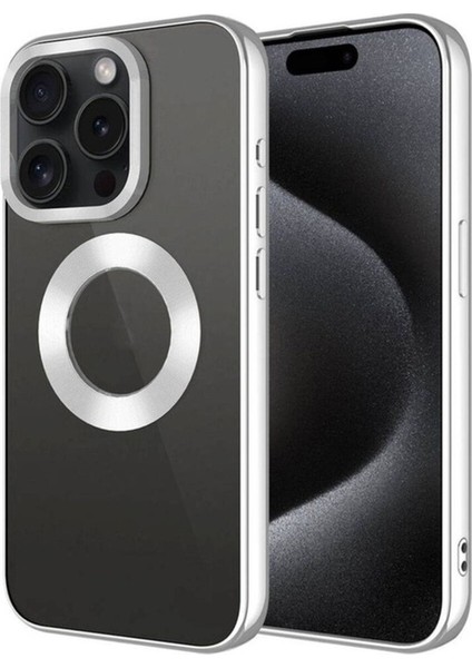 Apple iPhone 15 Pro Uyumlu Kılıf Tek Kamera Çerçeveli Logo Gösteren Omega Kapak, Gümüş