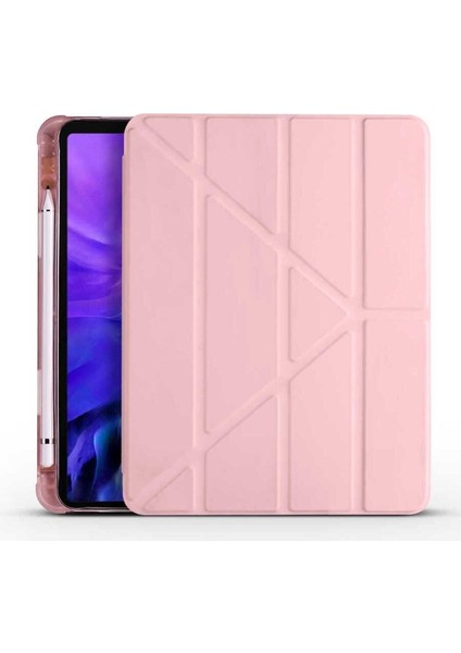 Apple iPad Air 11 2024 Uyumlu Tablet Kılıfı Tri Folding Kalem Bölmeli Standlı Katlanabilir Kılıf, Rose Gold