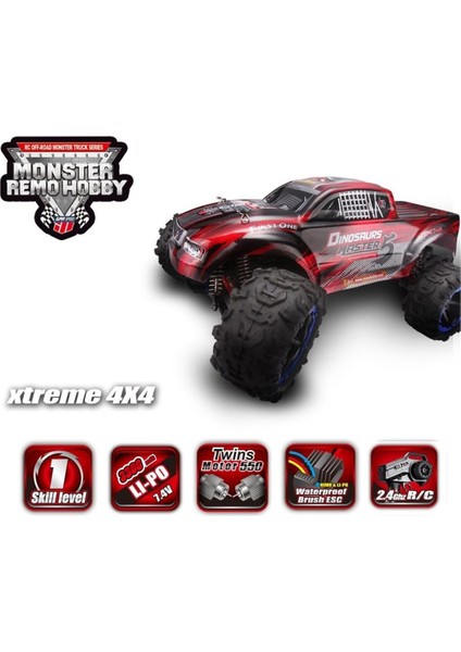 8032 1/8 Ölçek, 4WD Off Road Monster Truck (Dinosaurs Master) Kırmızı Kaportalı, Fırçalı Çift Motorlu, 7.4V 4200MAH Li-Po