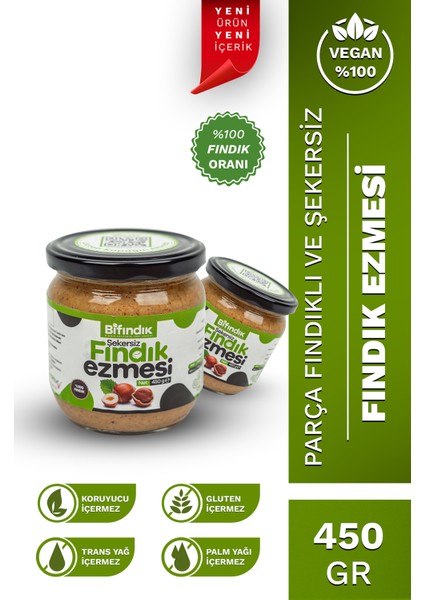 Doğal Şekersiz Fındık Ezmesi Katkısız Atıştırmalık Kahvaltılık Sürülebilir %100 Fındıklı 450GR