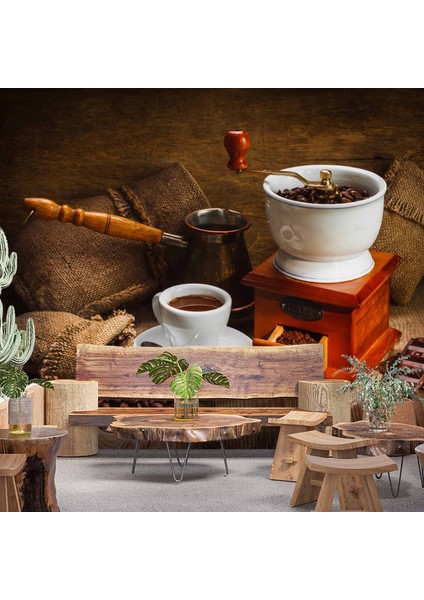 Kahve Öğütme ve Cezve Temalı Cafe Duvar Kağıdı Baskı