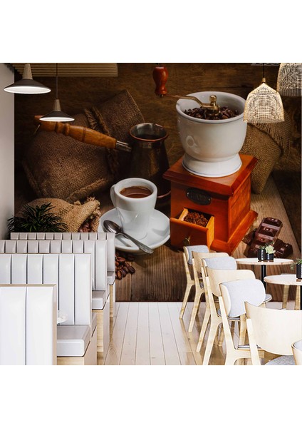 Kahve Öğütme ve Cezve Temalı Cafe Duvar Kağıdı Baskı
