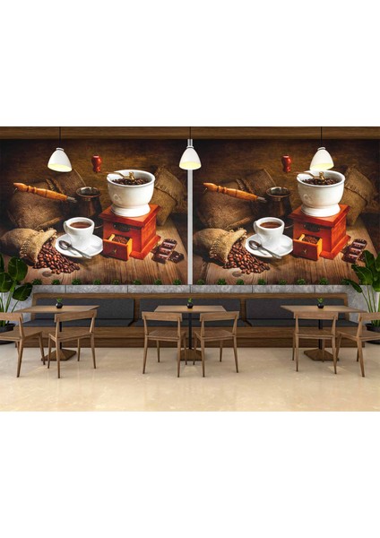 Kahve Öğütme ve Cezve Temalı Cafe Duvar Kağıdı Baskı