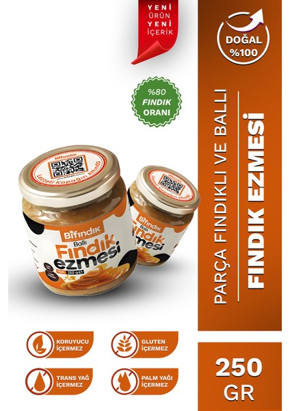 Doğal Ballı Fındık Ezmesi Katkısız Atıştırmalık Kahvaltılık Sürülebilir 250gr Cam Kavanoz