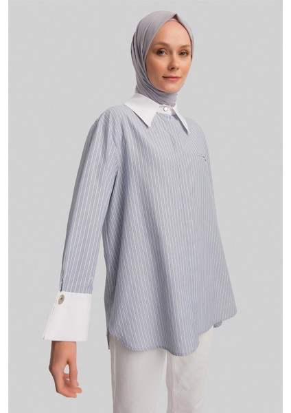 Kalın Manşetli Çizgili Poplin Gömlek 24Y3554 Gri modelleri