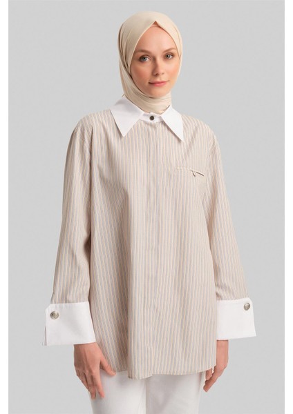 Kalın Manşetli Çizgili Poplin Gömlek 24Y3554 Camel