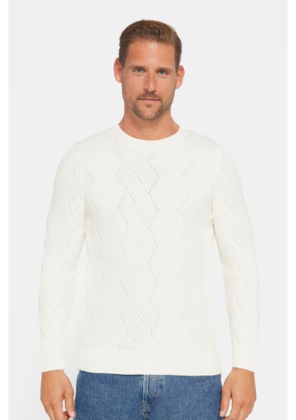 Bisiklet Yaka Desenli Yumuşak Dokulu Erkek Beyaz Kazak fiyatları