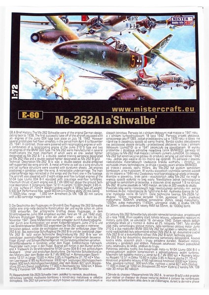 E060 1/72 ME-262-1A (Schwalbe) Savaş Uçağı Plastik Model Kiti