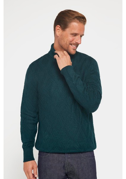 Slim Fit Dar Kesim Tam Balıkçı Yaka Desenli Yeşil Erkek Triko Triko Kazak