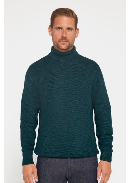 Slim Fit Dar Kesim Tam Balıkçı Yaka Desenli Yeşil Erkek Triko Triko Kazak fiyatları