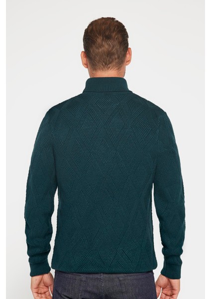 Slim Fit Dar Kesim Tam Balıkçı Yaka Desenli Yeşil Erkek Triko Triko Kazak indirimleri
