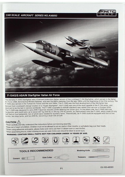K48093 1/48 F-104G (Asa/m Starfighter Italian Air Force) Savaş Uçağı, Plastik Model Kiti modelleri
