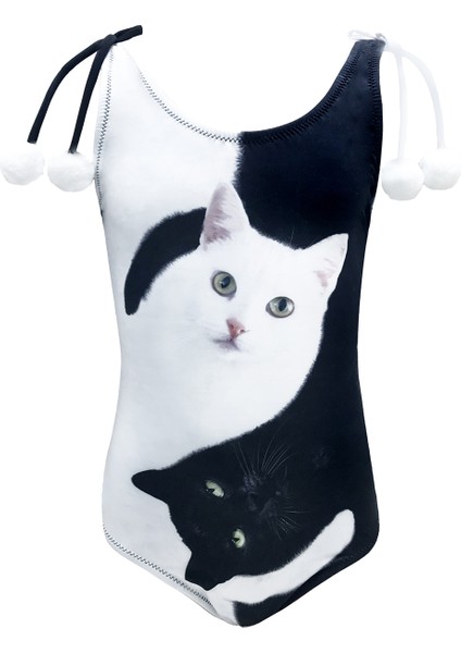 Askılı Siyah-beyaz Kedi Desenli Ponpon Detaylı 50UV Kız Çocuk Mayo BY NESSI BYRD