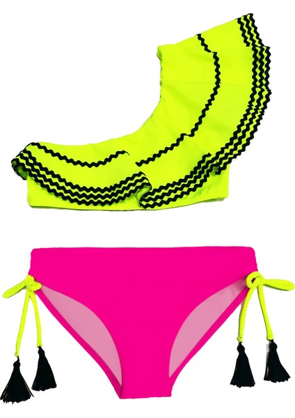 Tek Omuz,fırfırlı,su Taşı Ve Püskül Detaylı Neon Sarı-pembe 50UV Kız Çocuk Bikini Takımı BY NESSI BYRD