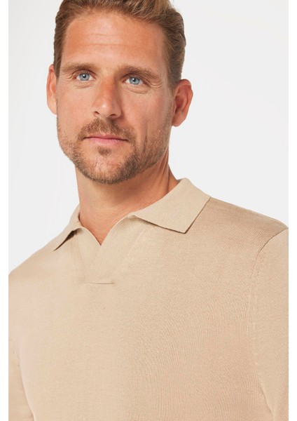 Slim Fit Dar Kesim Polo V Yaka Erkek Taş Triko Kazak modelleri