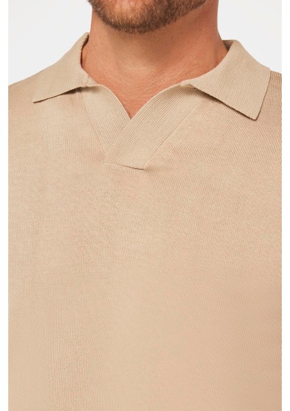 Slim Fit Dar Kesim Polo V Yaka Erkek Taş Triko Kazak fırsatları