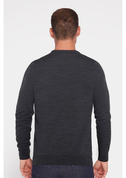 Slim Fit Bisiklet Yaka Kendinden Desenli Antrasit Erkek Triko Kazak indirimleri