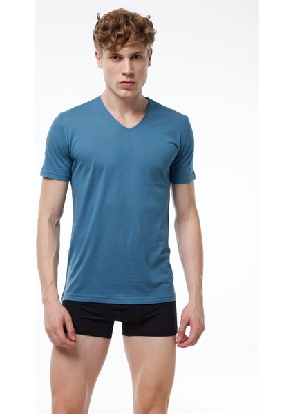Erkek Mavi 3 Lü Paket Basic V Yaka Ince Modal Yaz Serinliği Tshirt 3M085 modelleri