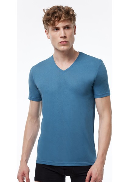 Erkek Mavi 3 Lü Paket Basic V Yaka Ince Modal Yaz Serinliği Tshirt 3M085 fiyatları