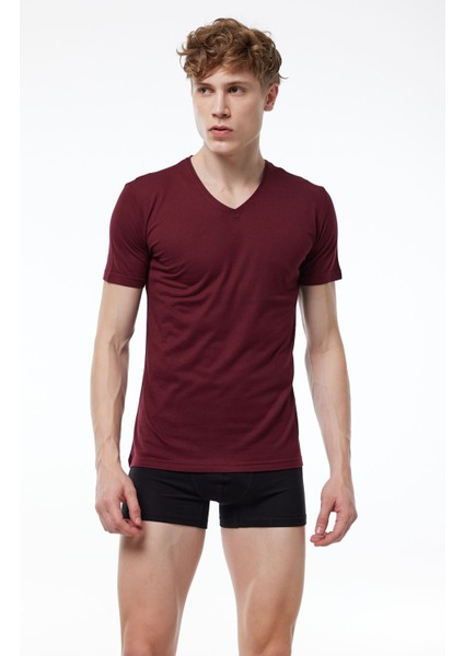 Erkek Bordo 3 Lü Paket Basic V Yaka Ince Modal Yaz Serinliği Tshirt 3M085 modelleri
