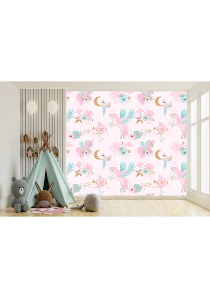 Pembe Unicorn Temalı Tek Parça Duvar Kağıdı
