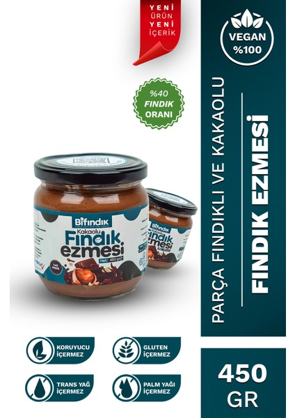 Doğal Kakaolu Parçacıklı Fındık Kreması Katkısız Kahvaltılık Sürülebilir 1.kalite Fındık Ezmesi 450G